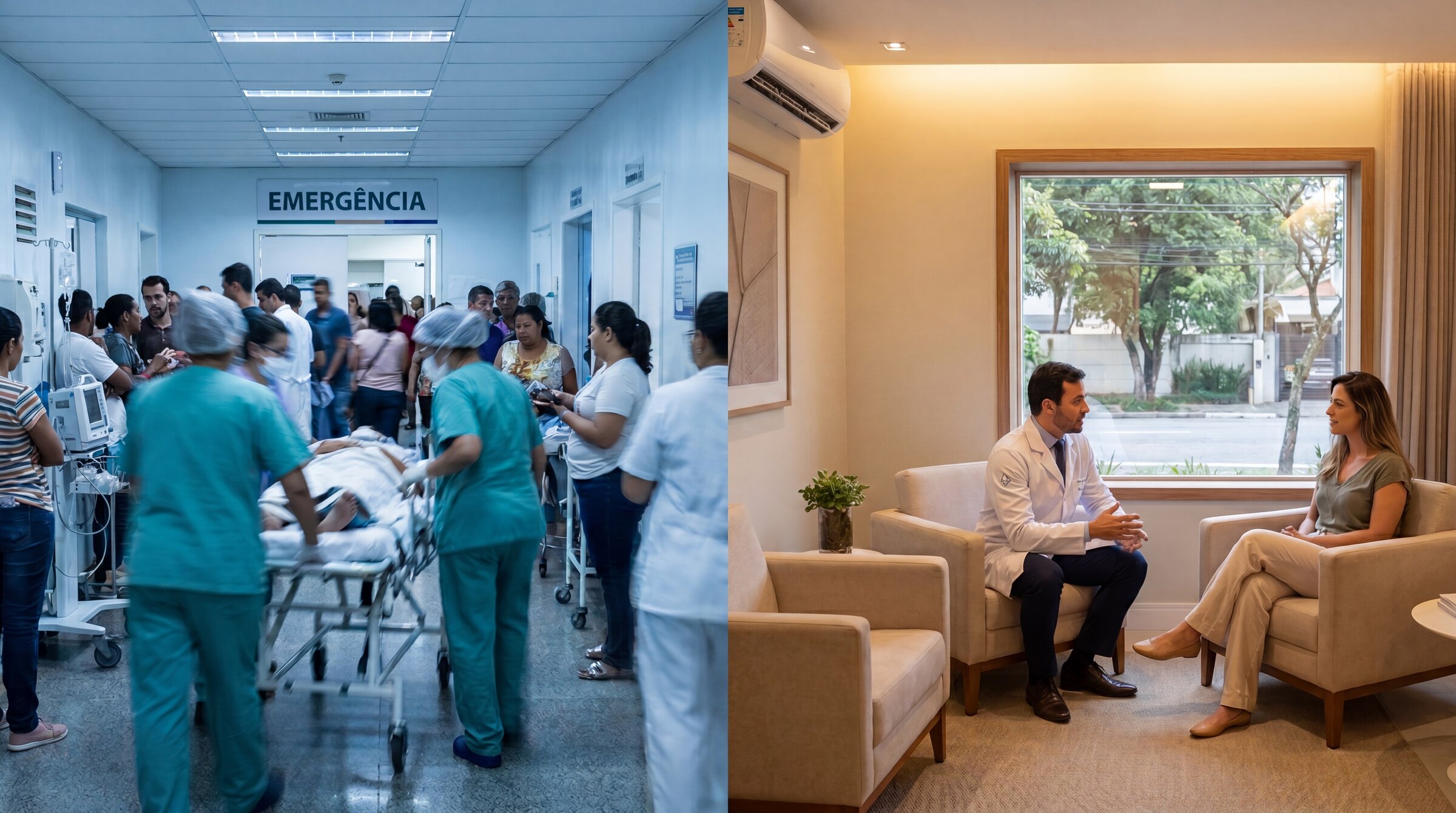 À esquerda, a urgência de um pronto-socorro lotado; à direita, a serenidade de um consultório, onde um médico conversa com uma paciente.