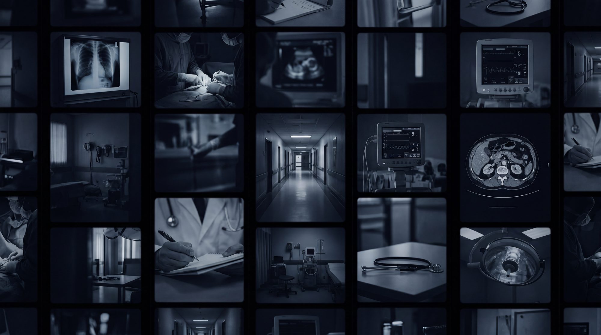 Mosaico escuro com dezenas de cenas médicas — raio-x, cirurgia, ultrassom, monitores, corredor de hospital, tomografia, médico escrevendo — formando uma parede da produção.
