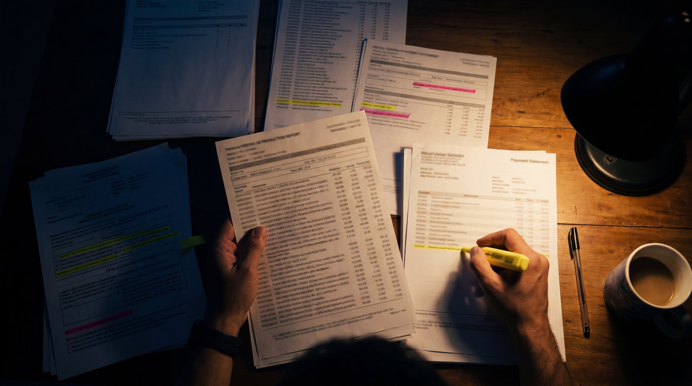 Vista de cima de mãos conferindo relatórios médicos com marca-texto, à luz de um abajur na madrugada