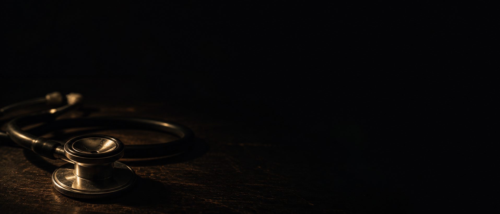 Estetoscópio antigo sobre uma mesa escura, iluminado por uma luz quente